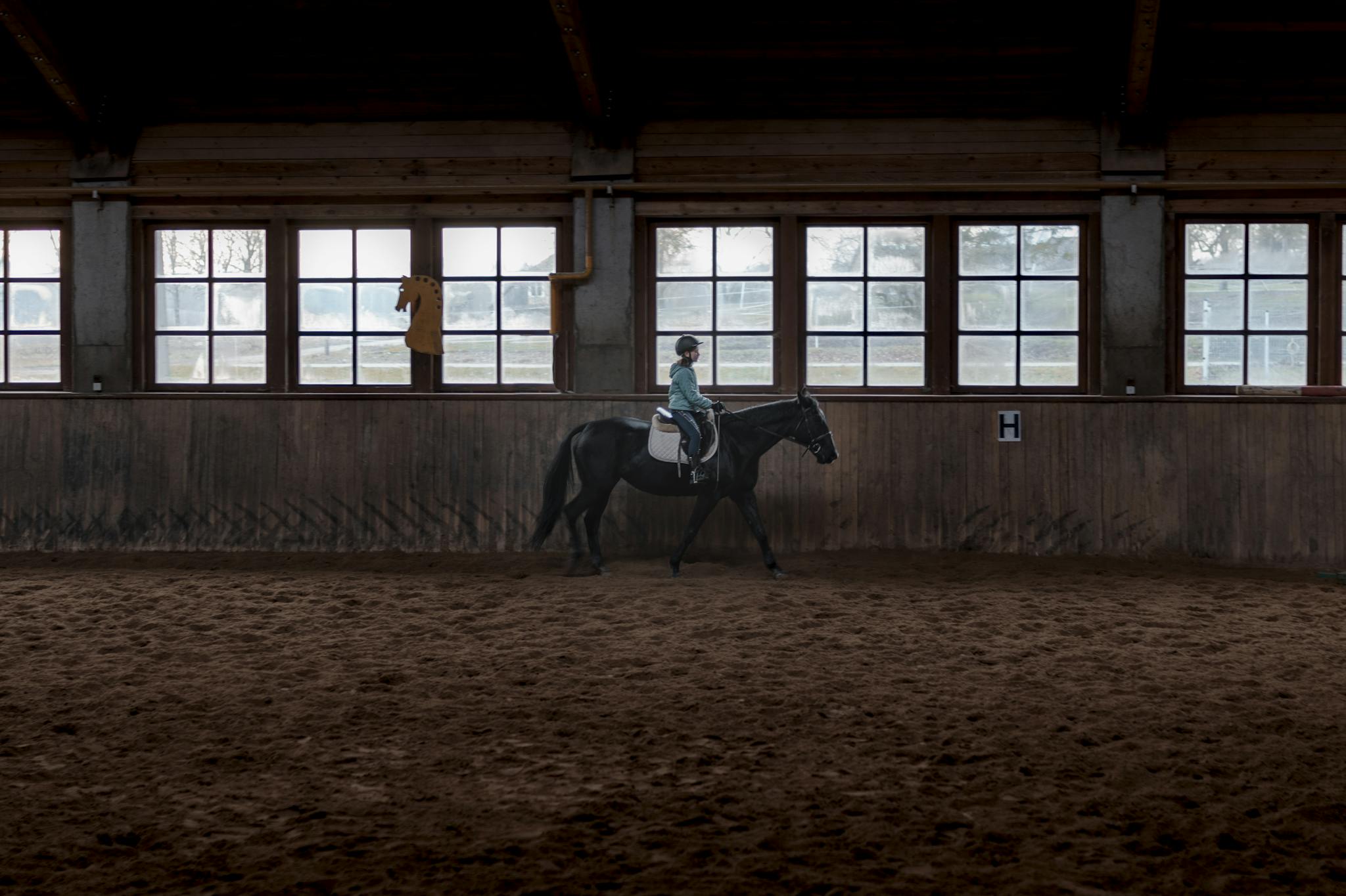 Girl riding a black horse indoors, showcasing equestrian training in a stable setting.
